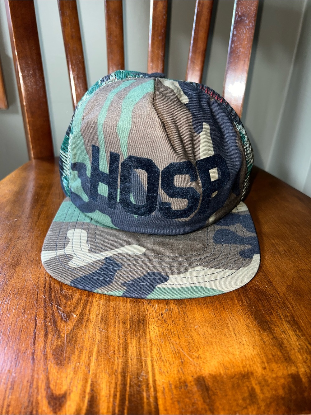 Camo Trucker Hat - Green/Brown - HOSP in black velvet